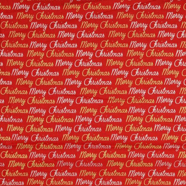 Baumwolldruck Merry Christmas in Gold und Silberglitzerschrift auf Rot